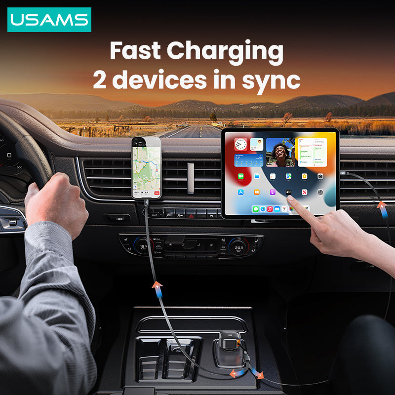 USAMS US-CC220 C41 PD 30W Phone Fast Charging Car Charger with Retractable Dual Type-C Cable USAMS US-CC220 C41 PD 30W Phone Fast Charging Car Charger with Retractable Dual Type-C Cable